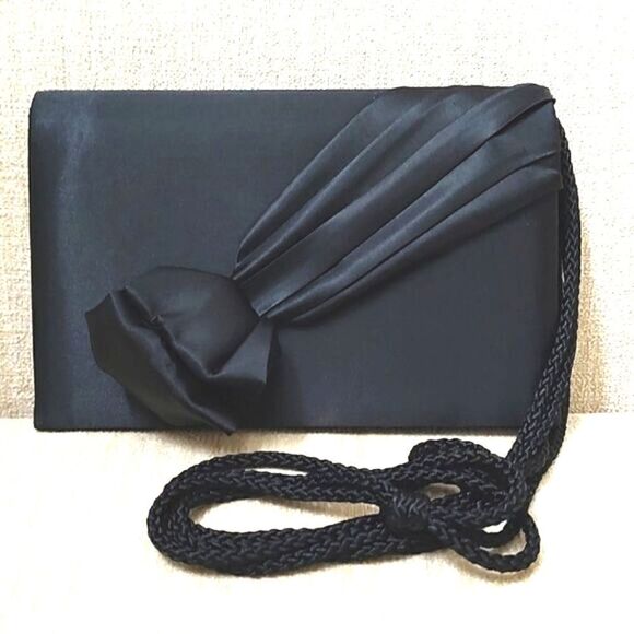 Black Satin Evening Shoulder Bag With Rhinestone Center Bow - Picture 10 of 10